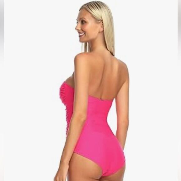 Relleciga Neon Rose Tummy Control Ruched Swimwear Strapless One Piece - Picture 2 of 12